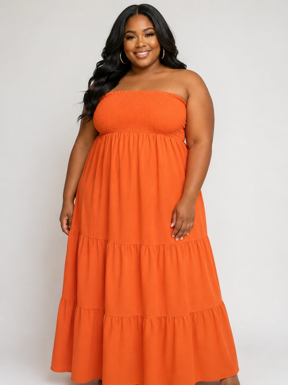 SHEIN Orange Strapless Tiered Maxi Dress